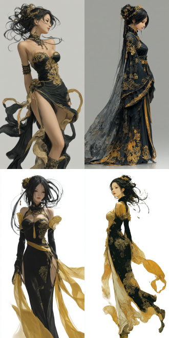 a beautiful wuxia cg picture. ((ethereal anime)). a charming oriental belle, hiny black hair, part of which cascades down. she is dressed in a black and gold costume and very long dress. 服装比较保守，the skin texture is detailed, the long dress flutters
