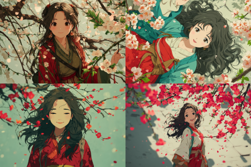 beautiful 2.5d anime. (chinese anime). xianxia style. a charming oriental belle, curved body, hiny black hair, part of which cascades down. she appears to be in a state of enjoyment, with plum blossoms fluttering around, she is dressed in a 唐朝 costume with a red sash, the clothing is rather conservative. the skin texture is detailed, the long dress flutters.周身有柔和得白光
