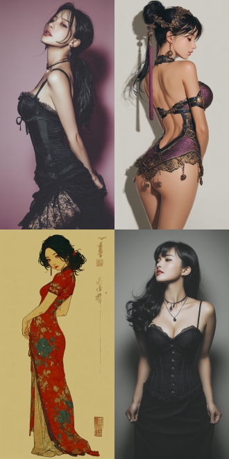 a beautiful china woman, curved body, hiny black hair, part of which cascades down.