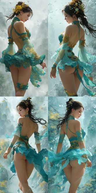 2.5d xianxia cg. a beautiful oriental belle. curved body, hiny black hair, part of which cascades down, yanjun chengt, the background is a wonderland of fairy mountains filled with mist and clouds, with spiritual birds flying.