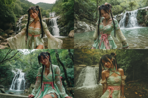 2. 5 d anime,xianxia, a beautiful oriental belle. curved body, she has a double ponytail hairstyle, with her shiny black long hair hanging on both shoulders, , wearing light green cloud-patterned gauze dress, pink belt, embroidered shoes, and delicate leg strap, with a waterfall behind.