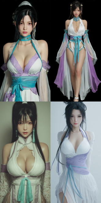 shot from the front, (2.5d anime cgi), unreal engine 5.a beautiful chinese belle in xianxia style, curved body, like tifa. with a stunning face, she has with (fair skin) and black long smooth hair over her shoulders. he is wearing delicate light white plain robe, covered with light purple gauze and a light blue ribbon.