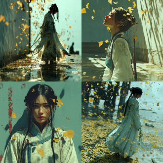 xianxia style theme portraita, a front shot perspectivea , 2.5d illustration, unreal engine 5,the main subject is a beautiful chinese belle in tang dynasty, similar to tifa:5. with a stunning face, she has with (fair skin) and black long smooth hair. he is wearing very long delicate white plain tang dynasty robe, covered with purple gauze and a light blue ribbon, wears (delicate cloth shoes). behind is a fairy mountain shrouded in clouds, puddle on the ground, backlit, yellow leaves are flying, strong light - and - shadow contrasts, the background is simple and clean,high detail and resolution.