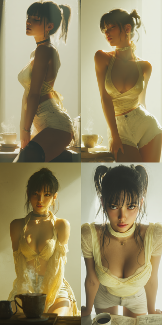 a modern urban - style themed portrait, a front and extremely low 10 - degree shooting perspective. 2.5d anime cgi, unreal engine 5. a beautiful chinese belle similar to chun li:2 with a stunning face, fair skin, blunt bangs and long black hair flowing over her shoulders. she is wearing a light yellow very long dress, white denim hot pants, simple and quiet. sitting there quietly, looking relaxed. there is a steaming cup of coffee and an open book on the table. lighting is soft, the backlight outlines the silhouette, high resolution.