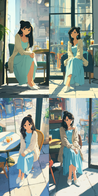 a front and low 10 - degree shooting perspective, 2.5d, 新海诚风格, a beautiful chinese belle similar to chun li with a stunning face, fair skin, blunt bangs and very long black hair. she dress appropriately, a long light blue dress with a beige knitted cardigan and a pair of white flats. sitting in huaihai road café, crossing one's legs, it feels particularly cozy to bathe in the warm morning light. modern urban style, rich color, high resolution.