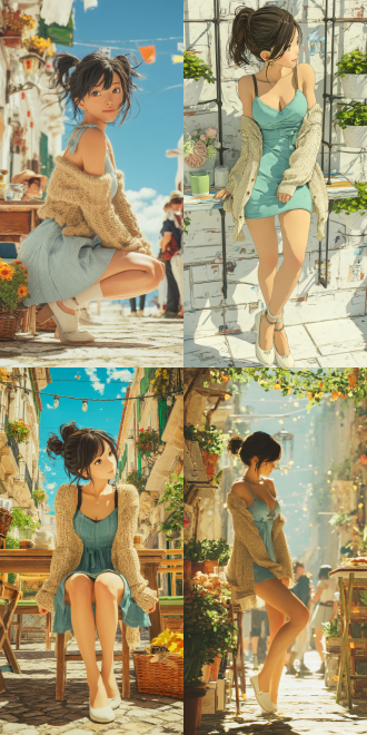 a front and low 10 - degree shooting perspective, 3d, unreal engine 5, in the style of makoto shinkai, a beautiful chinese belle similar to chun li with a stunning face, fair skin, blunt bangs and very long black hair. she dress appropriately, a long light blue dress with a beige knitted cardigan and a pair of white flats. sitting in huaihai road café, with one's leg crossed,, high resolution.