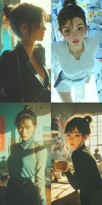 a front and low 10-degree shooting perspective, full body, 2.5d, unreal engine 5, the style in makoto shinkai, a beautiful mature aprofessional chinese belle, similar to chun li with a stunning face and fair skin like snow. she has an elegant low chignon with a few wisps of hair falling gently, adding a touch of softness. wearing office clothing, sitting in the office and drinking coffee leisurely. 一手放在办公桌上, the surrounding environment is in a modern urban style, with rich and coordinated colors and high resolution, and every detail is clearly visible.