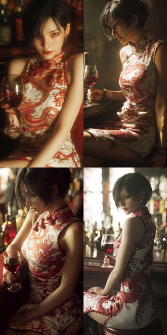 a charming and mature chinese beauty, like ada wong in resident evil 4 remake, sitting in a quiet bar, holding a glass of red wine, with a blurred expression and an elegant posture, wearing a red and white cheongsam with dragon patterns. side low angle, 3d digital illustration, top cg, unreal engine 5, warm light, soft shadow, half body close-up, rich details, ultra-high image quality.