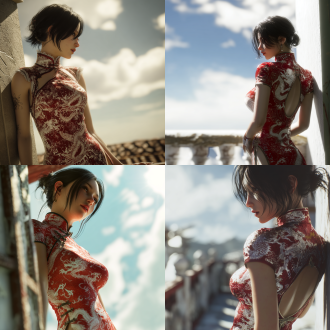 a charming and mature chinese beauty, like ada wong in resident evil 4 remake, standing on the balcony, looking into the distance, with a blurred expression and an elegant posture, wearing a red and white cheongsam with dragon patterns. shiny black hair, part of which cascades down. side low angle, 2.5g digital illustration, top cg, unreal engine 5, soft shadow, half body close-up, rich details, ultra-high image quality. sunny day, white clouds, halo