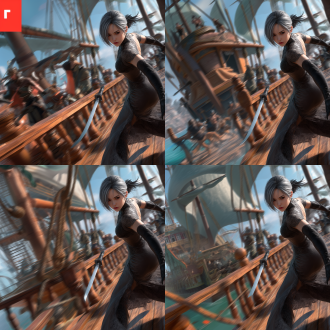 in 2.5d anime style scene, a chinese beauty, like ada wong in the resident evil 4 remake is scurrying dynamically, with a strong sense of speed, on the deck of a medieval fantasy ship. she has shiny silver hair, and part of her black hair is cascading down. her expression is fierce, she has delicate makeup. she is wearing a long medieval-style dress. she is carrying a short sword at her side. anime digital illustration, wlop style. (motion capture.), (full-body).