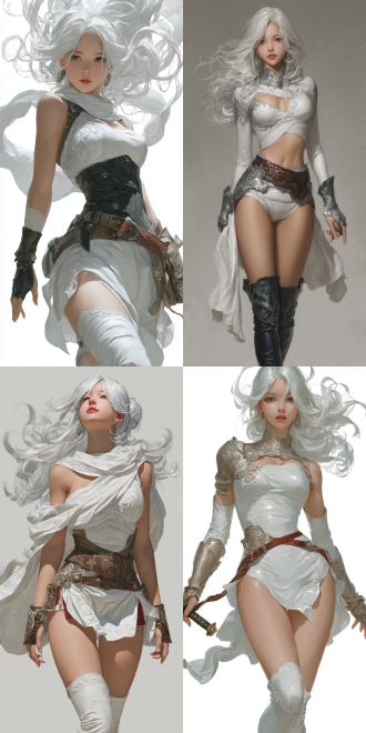 in the styles of the artgerm scene, a china beauty with fair skin, a female sword - saint from (fire emblem:three houses) is dynamically, like tifa, (motion capture), she sports a long, flowing white - silver hair that billows behind her in the wind. she is dressed in a unique, form - fitting leather armor adorned with intricate silver - red patterns, a long, flowing cape made of a lightweight. long leg, healthy and complete hands and fingers. digital art, ultra-high definition picture quality.