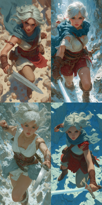 in the styles of the artgerm scene, a china beauty with fair skin, a female sword - saint, like lyn, is dynamically, (motion capture), elements from (fire emblem:three houses), healthy and complete hands and fingers. she sports a long, flowing white - silver hair that billows behind her in the wind. she is dressed in a unique, form - fitting leather armor adorned with intricate red patterns, a long, flowing blue cape made of a lightweight. long leg. the main light source, the glowing sword, emits a soft, diffused light that not only illuminates the immediate area around the sword - saint but also casts a faint, otherworldly glow on the surrounding debris and rocks. the light creates a sense of depth by highlighting the texture of the armor, the flowing fabric of the cape, and the rough surfaces of the rocks, while the shadows add a touch of mystery and drama. anime digital art, rich color, ultra - high definition, 16k, masterpiece, high - resolution, high - quality.