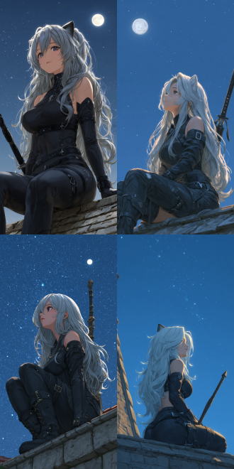 in the styles of the honkai: star rail, black cat girl, sitting on the rooftop, holding a long sword, with long flowing hair, wearing a form-fitting black combat suit adorned with silver rivets and a row of small buckles on the left side, under the moonlight, night scene, wide-angle lens, tsuaii style, mobile game, rich color, ultra - high definition, 16k, masterpiece, high - resolution, high - quality.