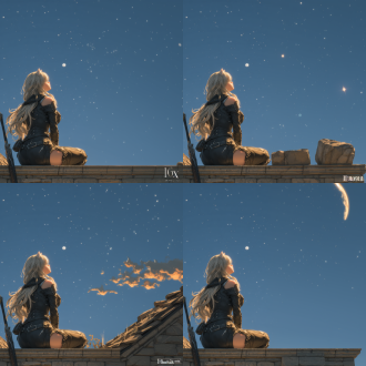 in the styles of the honkai: star rail, black cat girl, sitting on the rooftop, holding a long sword, with long flowing hair, wearing a form-fitting black combat suit adorned with silver rivets and a row of small buckles on the left side, under the moonlight, night scene, wide-angle lens, tsuaii style, mobile game, rich color, ultra - high definition, 16k, masterpiece, high - resolution, high - quality.