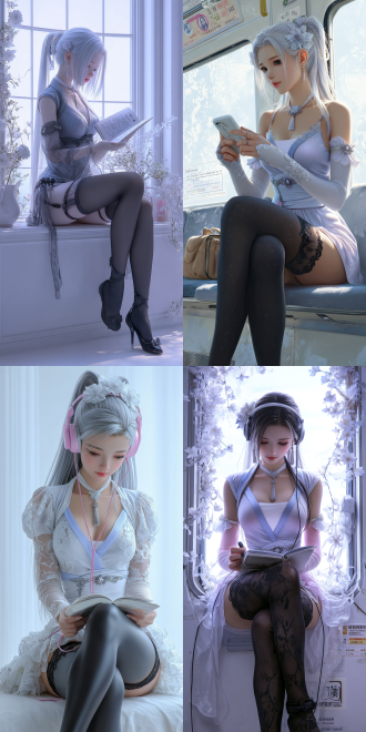 白发，动漫，手游，美丽女孩，坐，看看书，黑色丝袜