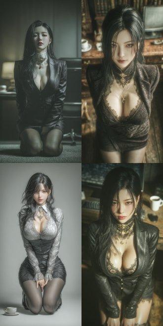 a charming oriental beauty, high-quality cg, unreal engine 5, with a curved body, the belle bends down and lifts her hips. kneeling on the floor. her shiny black long hair cascading over both shoulders, she wears business suit dress and delicate shoes, with long stockings, she has fair skin. with desks and chairs neatly arranged around her, and a computer monitor on the desk, backlit. a coffee cup is placed nearby.