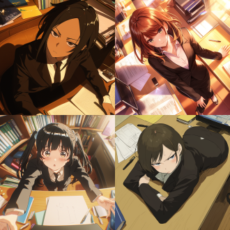in the style of anime, a young woman in a suit is slightly tilting her head upwards with her small mouth slightly open, wearing a charming expression. the view is from a top - down. the scene is set in a modern office with a wooden desk on which there is a computer, several pens and a document. next to it is a glass bookshelf filled with books. on the background wall, there is an art painting. the warm yellow light illuminates the whole space.