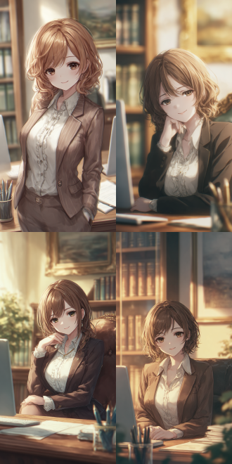 in the style of anime, a young woman in a suit is slightly tilting her head with her small mouth slightly open, with a curved body, wearing a charming expression. the scene is set in a modern office with a wooden desk on which there is a computer, several pens and a document. next to it is a glass bookshelf filled with books. on the background wall, there is an art painting. the warm yellow light illuminates the whole space.