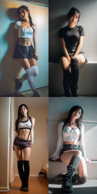 casual shot, uneven lighting, slight overexposure, mediocre image, asian beauty in cosplay, emphasizing legs and figure, natural pose, realistic selfie, accurate skin texture, slight motion blur..