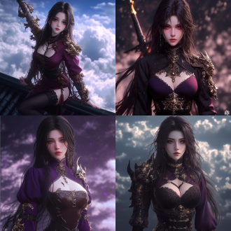 2.5d anime cgi in xianxia fantasy style, low upward - angle view. young chinese sword - beauty with black hair, her mouth slightly open, white teeth, comfortable expression. her has elegant posture, with exquisite curves. fantasy background filled with floating clouds and auspicious beasts, rich colors making the whole scene vivid.