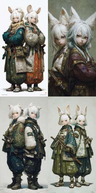 二次元，两个动漫美女角色，均有兽耳和双马尾，一个白发，一个蓝白发色。她们身着带制服元素的古风服饰，佩剑，英姿飒爽，动作呈背靠背姿态。