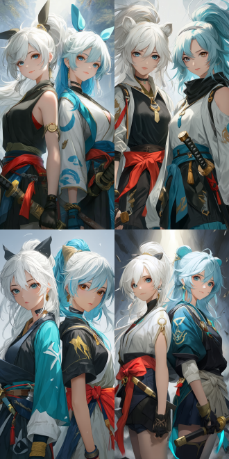 honkai: star rail style, two 2d anime beautiful girls, both have animal ears and double ponytails, one with white hair, one with blue - white hair. they wear ancient - style clothing with uniform elements, carry swords, and are valiant and heroic in bearing, with their backs to each other.