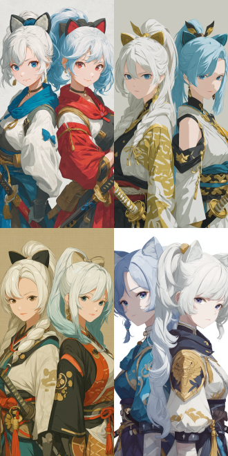 in honkai: star rail style, two 2.5d anime beautiful woman, both have cat ears and double ponytails, one with white hair, one with blue - white hair. they wear ancient - style clothing with uniform elements, carry swords, and are valiant and heroic in bearing, with their backs to each other. rich color.