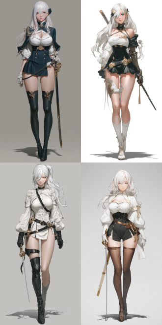 girls frontline cg, cover manga. a beautiful white - haired woman, carrying a sword, long legs，perfect body curves, healthy and complete hands and fingers.