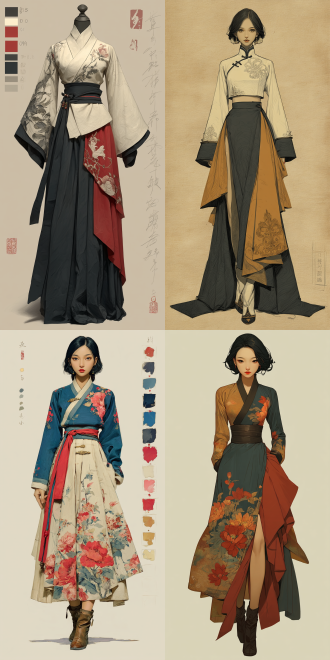 服装设计，(traditional han - style top and skirt).