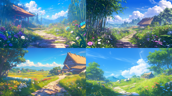 girls frontline cg style, an outdoor natural scene. there are swaying bamboo groves, a meandering stone path winding through patches of colorful wildflowers. in the distance, there is a small thatched cottage. a clear blue sky with wisps of white clouds adds an idyllic charm to the overall picture. rendered in 4k, rich and vivid colors, soft ambient light, cover - manga - style.