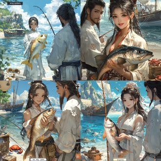 smooth girls frontline cg, 3d, realistic, cartoonish, exaggerated, ancient chinese fishermaid beauty holding a big fish, healthy and complete hands and fingers, happily being watched by a handsome, long-haired, white-cloaked young man in traditional style from behind, with a beach and a large boat in the background, as well as a progress bar labeled "sea king system," fishing rods, treasure chests, crabs, and sea turtles.