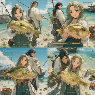 smooth girls frontline cg, 3d, realistic, cartoonish, exaggerated, ancient chinese fishermaid beauty holding a big fish, healthy and complete hands and fingers, happily being watched by a handsome, long-haired, white-cloaked young man in traditional style from behind, with a beach and a large boat in the background, as well as a progress bar labeled "sea king system," fishing rods, treasure chests, crabs, and sea turtles.