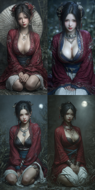 william clarke wontner style, 3d cgi realistic, a delicate - featured chinese xianxia girl with almond - shaped eyes, healthy and complete hands and fingers, having long black hair, sitting with one hand resting on the ground and legs bent. she is wearing a red traditional outer robe over a black strapless top, a white flowing skirt, a blue sash around her waist, silver anklets with bells on her feet and a silver necklace, and red earrings on her ears. there are hairpins in her hair. against a blurred background of a moonlit bamboo forest, with soft moonlight filtering through the bamboo leaves, creating a hazy and dreamy atmosphere.