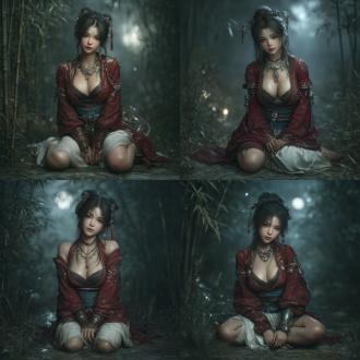 3d cgi realistic, a delicate - featured chinese xianxia girl with almond - shaped eyes, healthy and complete hands and fingers, having long black hair, sitting with one hand resting on the ground and legs bent. she is wearing a red traditional outer robe over a black strapless top, a white flowing skirt, a blue sash around her waist, silver anklets with bells on her feet and a silver necklace, and red earrings on her ears. there are hairpins in her hair. against a blurred background of a moonlit bamboo forest, with soft moonlight filtering through the bamboo leaves, creating a hazy and dreamy atmosphere.