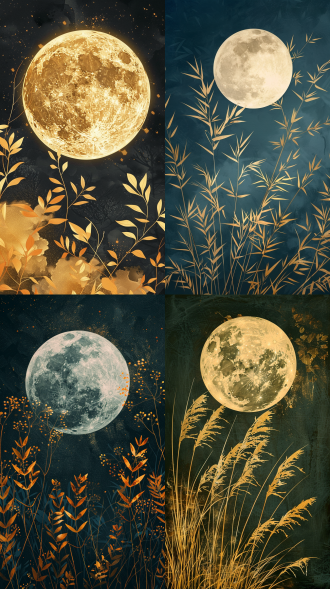 金色植物线条环绕，中秋月圆高悬，宁静夜空，植物细节丰富，月光柔和，长焦镜头，低角度，逆光，静谧，温暖色调，祥和氛围。