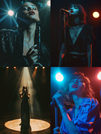 最佳质量，杰作，超高分辨率，照片级真实感，一个圆形的舞台上，远景，景深，一个女孩拿着麦克风，灯光洒在她的身上，看不清眼晴，只看到鲜红的嘴唇，充满神秘感，时尚的服装，深色的简单背景在黑暗中，深影，低调，冷光，莹光，全身照片，图像应该具有电影般的构图，以高清晰度和分辨率捕捉复杂的细节，模仿蒂姆·沃克用哈苏h6d-400c相机拍摄的照片。