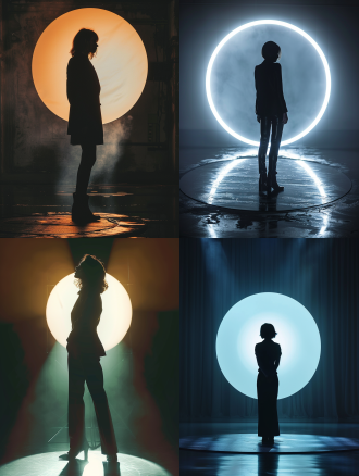 最佳质量，杰作，超高分辨率，照片级真实感，一个圆形的舞台上，远景，景深，一个女孩的身影，深影，低调，冷光，莹光，灯光洒在她的身上，充满神秘感，时尚干练的西服，深色的简单背景在黑暗中，全身照片，图像应该具有电影般的构图，以高清晰度和分辨率捕捉复杂的细节，模仿蒂姆·沃克用哈苏h6d-400c相机拍摄的照片。