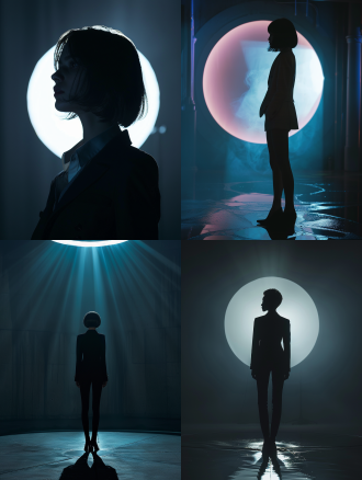 最佳质量，杰作，超高分辨率，照片级真实感，一个圆形的舞台上，远景，景深，一个短发女孩的身影，深影，低调，冷光，莹光，几何图形的光线洒在她的身上，充满神秘感，时尚干练的西服，深色的简单背景在黑暗中，全身照片，图像应该具有电影般的构图，以高清晰度和分辨率捕捉复杂的细节，模仿蒂姆·沃克用哈苏h6d-400c相机拍摄的照片。