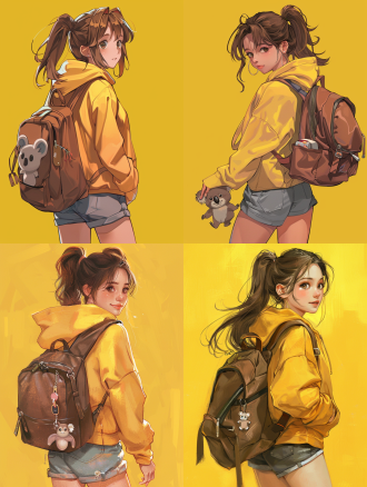 young girl,yellow hoodie,brown hair,ponytail,brown backpack,koala keychain,grey shorts,looking back,smiling,yellow background,youthful,casual wear,light-hearted expression,standing pose,
