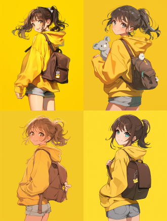 young girl,yellow hoodie,brown hair,ponytail,brown backpack,koala keychain,grey shorts,looking back,smiling,yellow background,youthful,casual wear,light-hearted expression,standing pose,