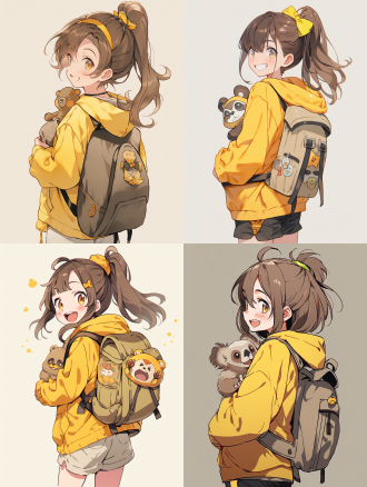 young girl,yellow hoodie,brown hair,ponytail,brown backpack,koala keychain,grey shorts,looking back,smiling,yellow background,youthful,casual wear,light-hearted expression,standing pose,
