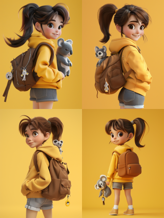年轻女孩，黄色连帽衫，棕色头发，马尾辫，棕色背包，考拉钥匙扣，灰色短裤，回头看，微笑，黄色背景，年轻，休闲装，轻松表情，站姿，3d渲染，迪斯尼风格，c4d