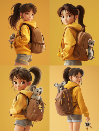 亚洲年轻女孩，黄色连帽衫，棕色头发，马尾辫，棕色背包，考拉钥匙扣，灰色短裤，回头看，微笑，黄色背景，年轻，休闲装，轻松表情，站姿，3d渲染，迪斯尼风格，c4d