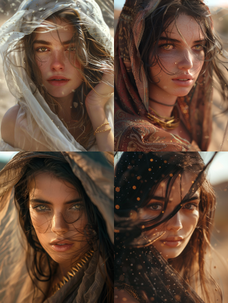 电影灯光，最佳品质，极其细致的眼睛和面部，depth offield，极其细致 有表情，戏剧性的角度，中等胸围，8k壁纸，明亮的眼睛，看着观众，以及定制的有机服装， 非常接近观众，昏昏欲睡，杰作，被厚重的浮沙流和漂浮的尖石包围，凌乱的长发，面纱，专注于面部，上身，肩膀，1个女孩，金手镯，长纱，日落，镜头闪光，漏光，仙人掌点缀的细节美丽沙漠，中等风力，细节美丽的天空，