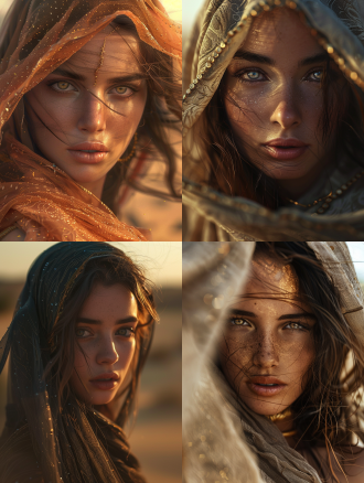 电影灯光，最佳品质，极其细致的眼睛和面部，depth offield，极其细致 有表情，戏剧性的角度，中等胸围，8k壁纸，明亮的眼睛，看着观众，以及定制的有机服装， 非常接近观众，昏昏欲睡，杰作，被厚重的浮沙流和漂浮的尖石包围，凌乱的长发，面纱，专注于面部，上身，肩膀，1个女孩，金手镯，长纱，日落，镜头闪光，漏光，仙人掌点缀的细节美丽沙漠，中等风力，细节美丽的天空，