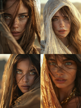 电影灯光，最佳品质，极其细致的眼睛和面部，depth offield，极其细致 有表情，戏剧性的角度，中等胸围，8k壁纸，明亮的眼睛，看着观众，以及定制的有机服装， 非常接近观众，昏昏欲睡，杰作，被厚重的浮沙流和漂浮的尖石包围，凌乱的长发，面纱，专注于面部，上身，肩膀，1个女孩，金手镯，长纱，日落，镜头闪光，漏光，仙人掌点缀的细节美丽沙漠，中等风力，细节美丽的天空，