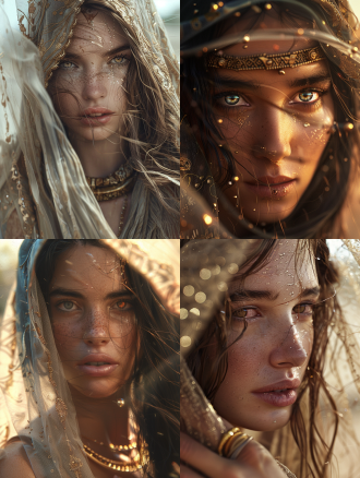 电影灯光，最佳品质，极其细致的眼睛和面部，depth offield，极其细致 有表情，戏剧性的角度，中等胸围，8k壁纸，明亮的眼睛，看着观众，以及定制的有机服装， 非常接近观众，昏昏欲睡，杰作，被厚重的浮沙流和漂浮的尖石包围，凌乱的长发，面纱，专注于面部，上身，肩膀，1个女孩，金手镯，长纱，日落，镜头闪光，漏光，仙人掌点缀的细节美丽沙漠，中等风力，细节美丽的天空，