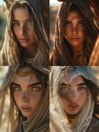 电影灯光，最佳品质，极其细致的眼睛和面部，depth offield，极其细致 有表情，戏剧性的角度，中等胸围，8k壁纸，明亮的眼睛，看着观众，以及定制的有机服装， 非常接近观众，昏昏欲睡，杰作，被厚重的浮沙流和漂浮的尖石包围，凌乱的长发，面纱，专注于面部，上身，肩膀，1个女孩，金手镯，长纱，日落，镜头闪光，漏光，仙人掌点缀的细节美丽沙漠，中等风力，细节美丽的天空，