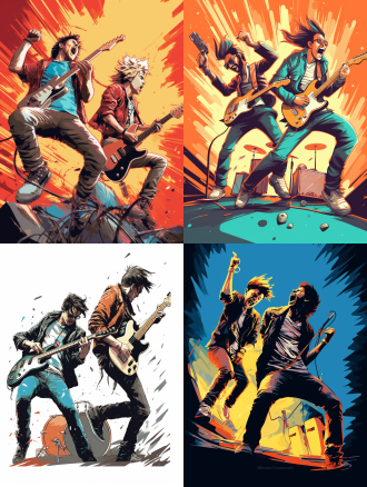 rock band, vector drawing, 4 d cinema, two young men, energetic mood, singing into microphone, game assets, abduzeedo