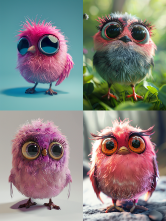 一只可爱的小鸟，身体圆圆的。眼睛占身体比例的2分之一，超大的眼晴，粉色的羽毛，皮克斯风格，c4d渲染oc渲染，流行集市，盲盒——ar 9:16